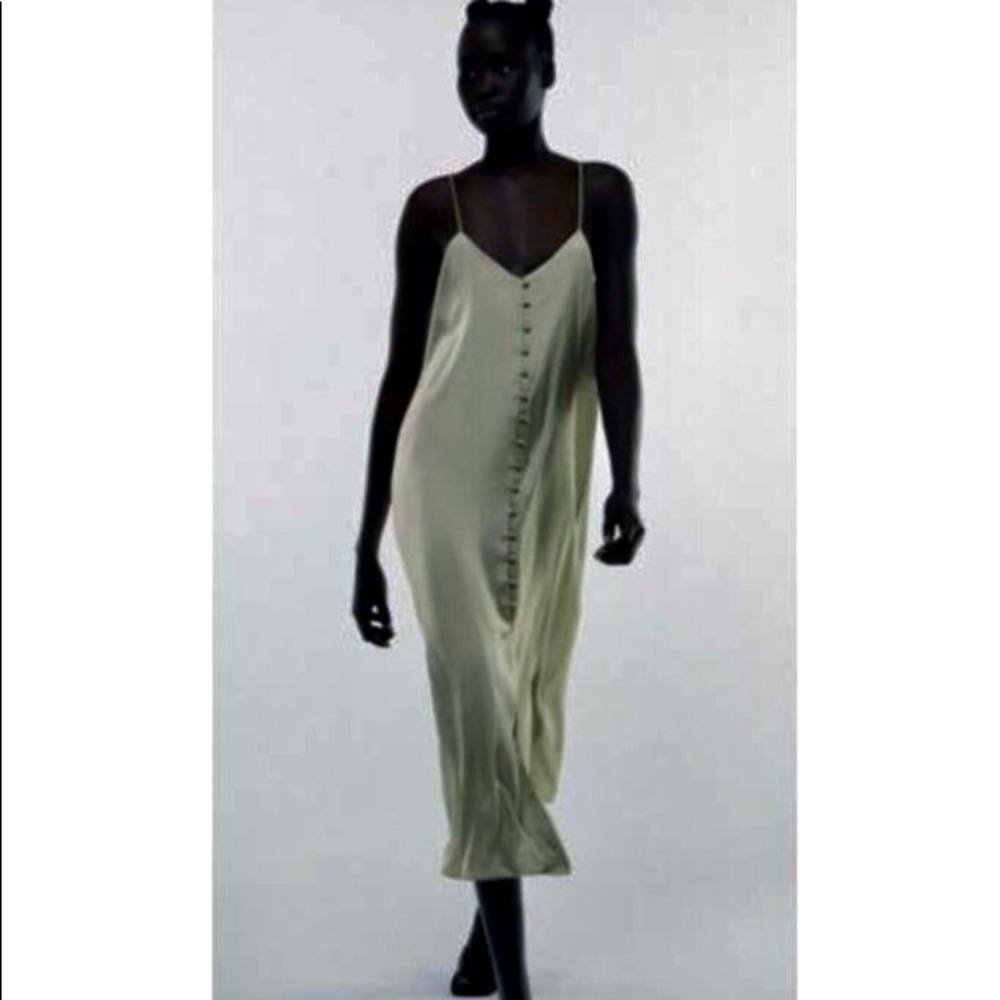 Green slip dress. Covered buttons. Beautiful!